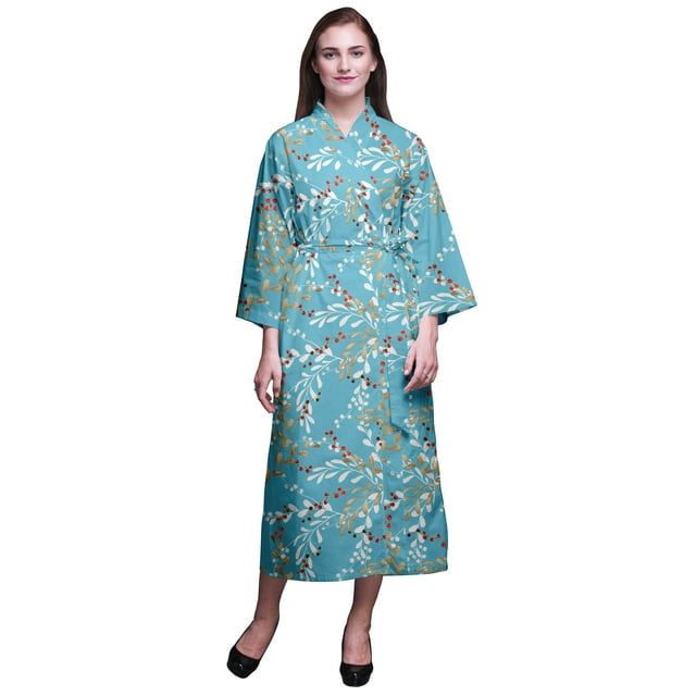 Bimba Robe de Chambre Turquoise Bleu Feuilles Baies Rouges pour Femmes Longue Robe de Mariée Préparation Chemise Imprimée Peignoir Filles S