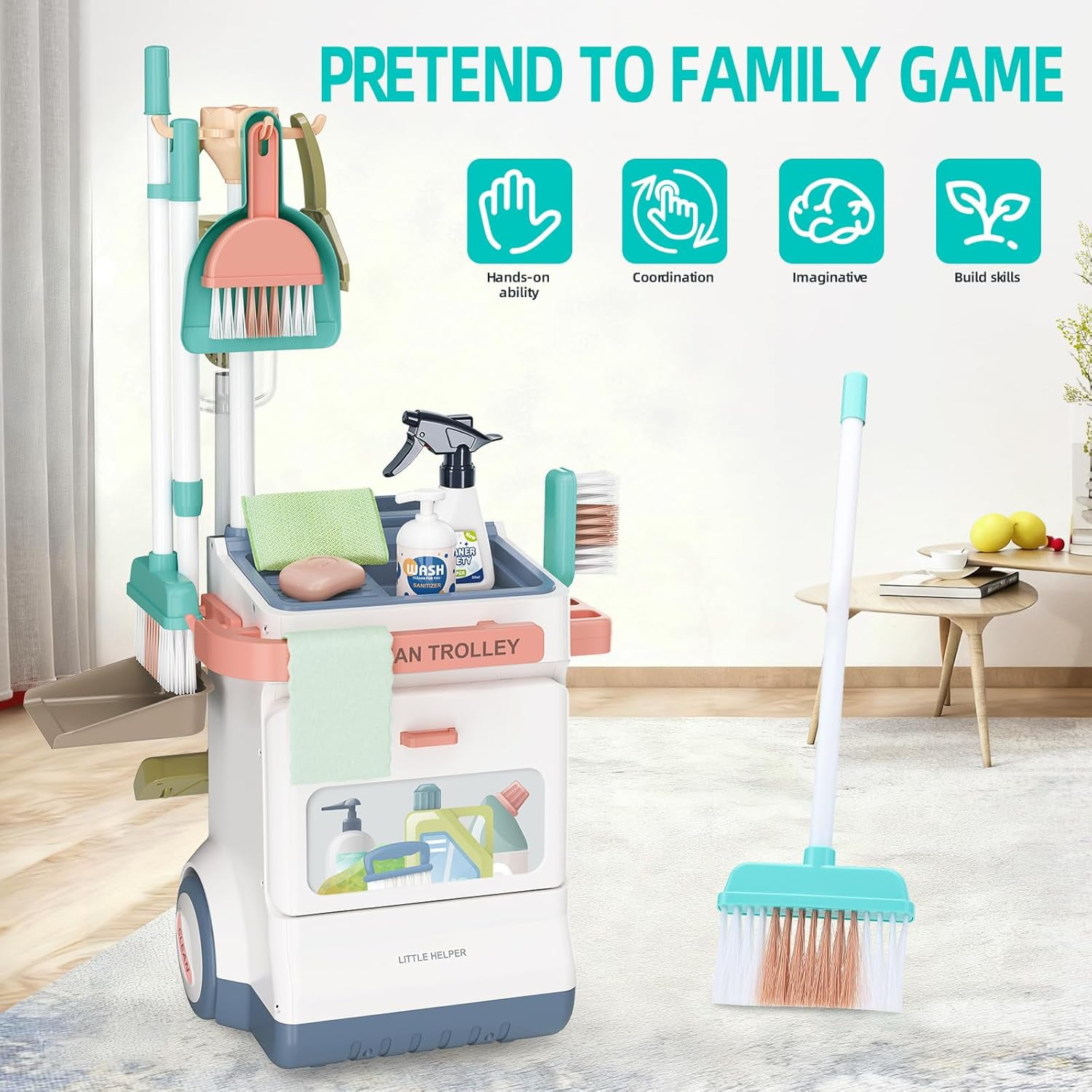 Valessati Plastic Cleaning Cart Playset, 20 Pieces, Working Vacuum, Mop & Broom, Ages 3+