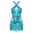 thumbnail image 4 of DOOMIVA Glittery Sparkly Bodysuit for Women Halter Cross Latin Jazz Ballroom Fringe Dance Leotard Sky Blue S, 4 of 7