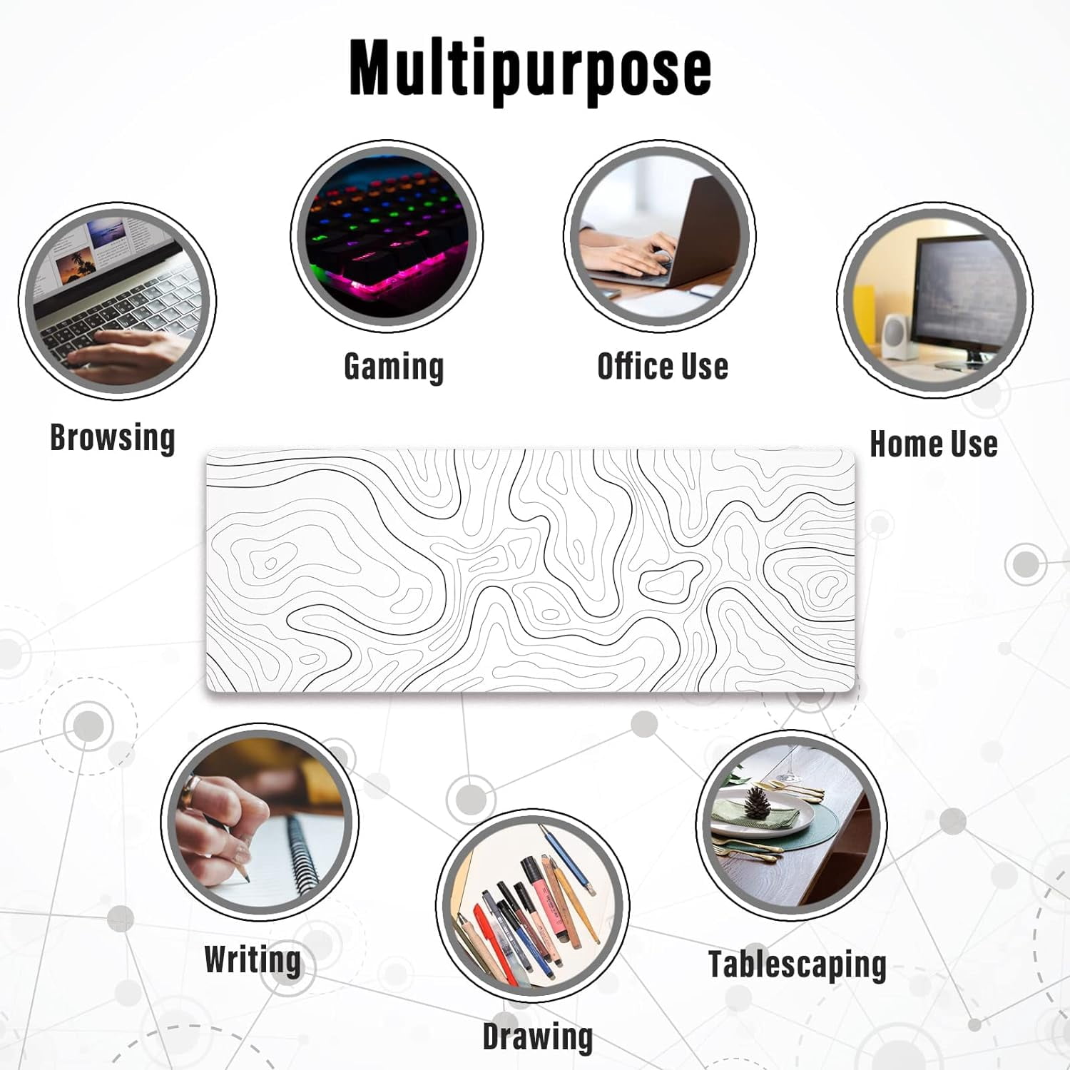 Large Gaming Mouse Pad with Stitched Edges, Minimalist Topographic Map Desk Mat, Extended XL Mousepad with Anti-Slip Base, Cool Desk Pad for Keyboard and Mouse, 35.4 x 15.7 in, White