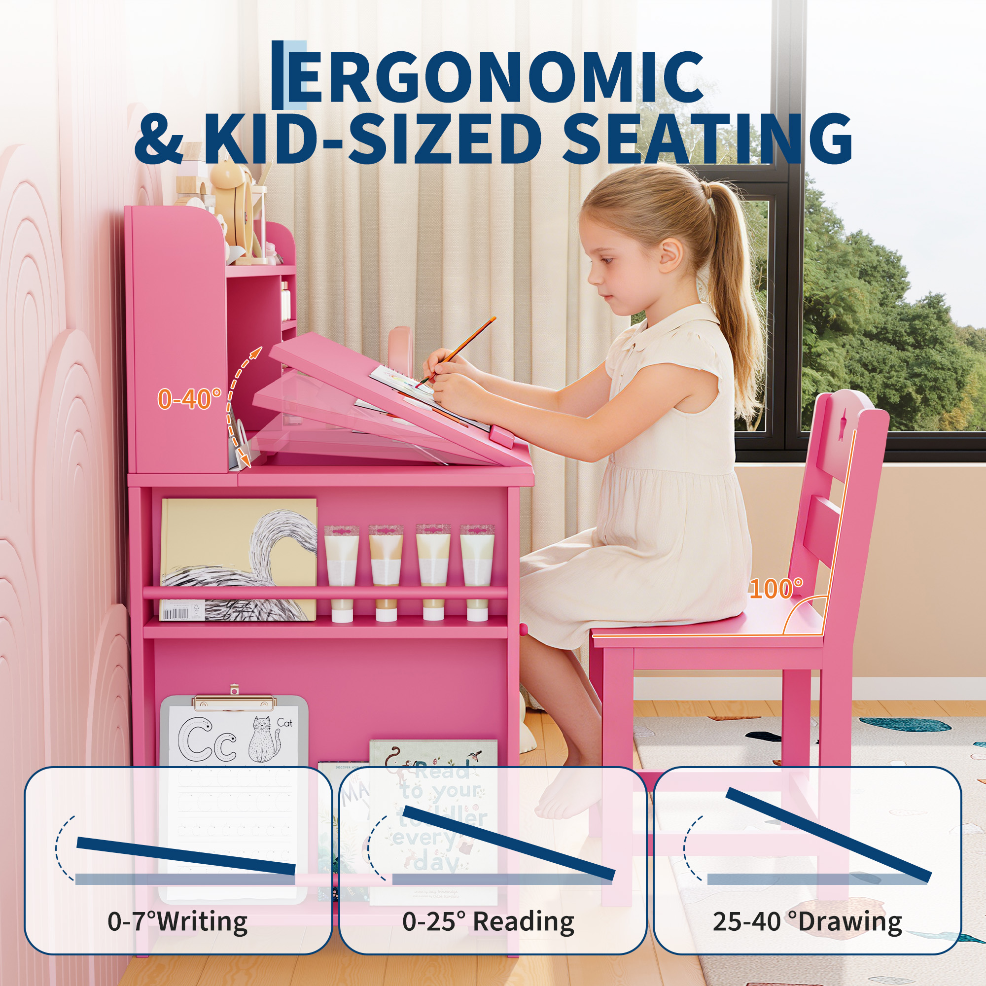 Kids Study Desk & Chair Set with Storage, Kids Study Desk with Hutch and Tiltable Desktop, Wooden Children Table with Storage Cabinet for 3-8 Years Old, Student Writing Table for Bedroom