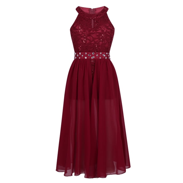 Kaerm Robe de Mariée Fille à Col Halter Robe de Fête en Dentelle Florale pour Enfants Robe de Bal Bourgogne 12