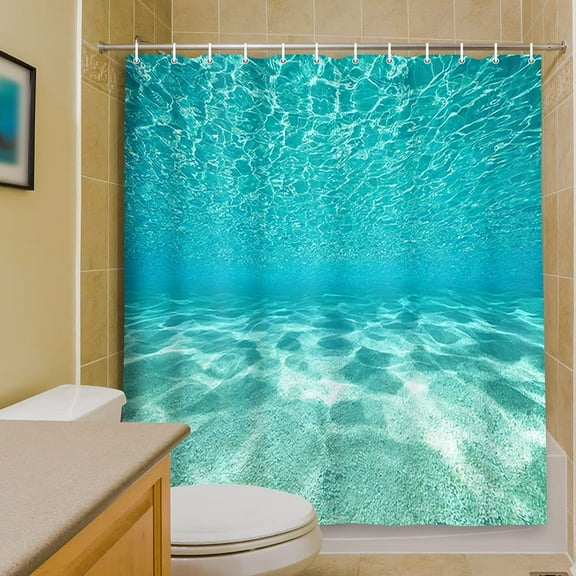 Cute Teal Blue Ocean Shower Curtain, Nature Underwater Sea World Sand Beach Bathroom Curtains Waterproof Fabric, 71 x 71 Inches