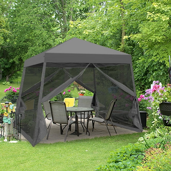 EAGLE PEAK 10x10ft Slant Leg Easy Setup Pop Up Canopy Tent with Mosquito Netting 64 sqft of Shade, Gray