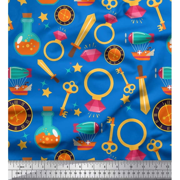 Soimoi Blue Poly Georgette Fabric Magic Bottle,Ring & Star Nursery Themes Fabric Prints By Yard 42 Inch Wide