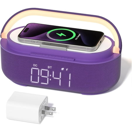 6-in-1 Wireless Charger Bluetooth Speaker with Alarm Clock FM Radio & Night Light for iPhone + 18W Adapter Purple 6-in-1 Wireless Charger Bluetooth Speaker with Alarm Clock FM Radio & Night Light for iPhone + 18W Adapter Purple