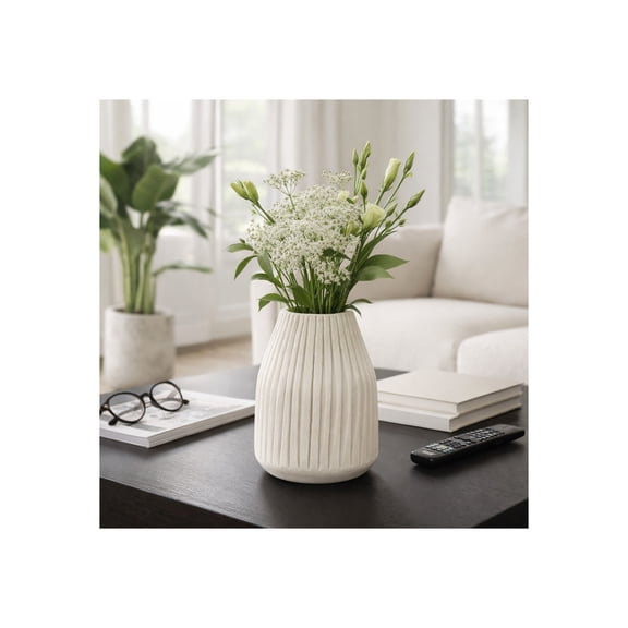 Round Ribbed Vase for Living Room Decor - Wooden Flower Vase for Home, Bedroom and Office Table Display - Hand-Carved Casual Home Accent for Kitchen Counter, Bathroom, and Console - 9", White