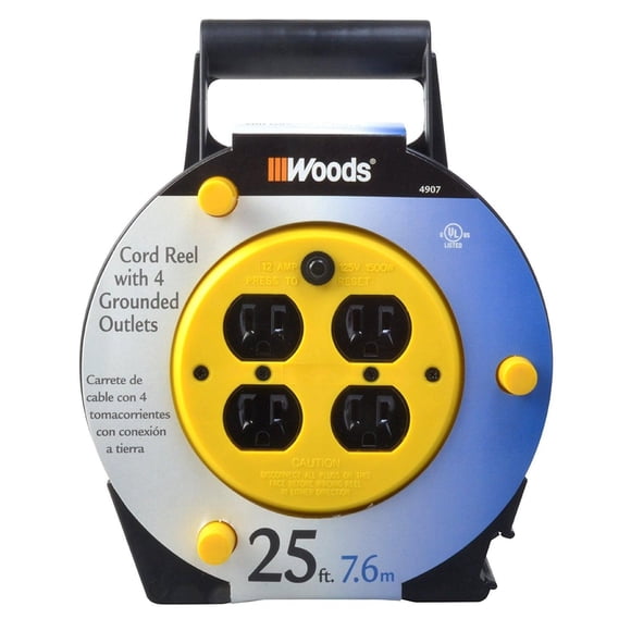 Woods 4907 Carrete de cable de extensión con 4 salidas 16/3 SJTW y disyuntor de 12 A, 25 pies