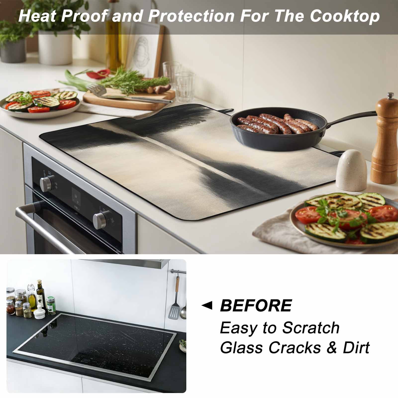Black Beige Lake Stove Top Cover for Electric Stove, Heat-proof & Non Slip Glass Top Stove Cover Protector, Abstract Aesthetics Mysterious Kitchen Flat Cooktop Rubber Mat 24x21 Inches