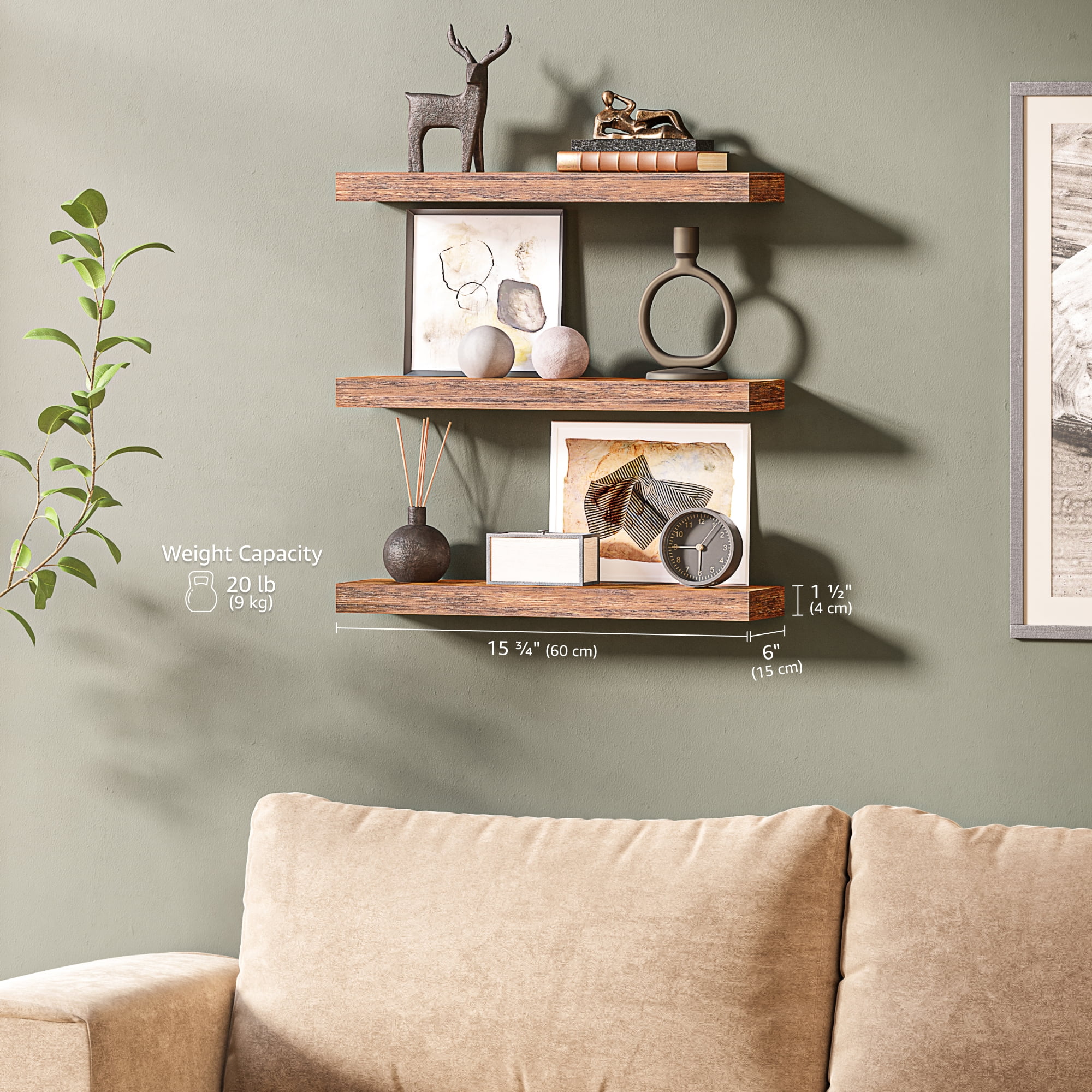 Ballucci 24" Floating Shelves for Wall, 3-Pack with Invisible Brackets, 6" Deep, Rustic Brown
