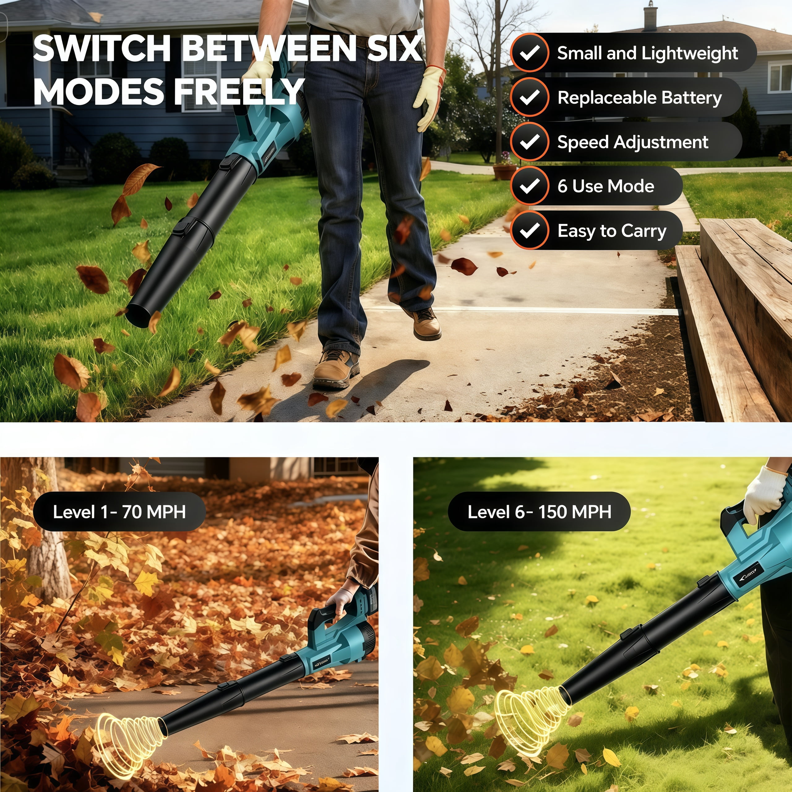 LNOW Cordless Leaf Blower, 680CFM 150MPH 6 Speed Electric Leaf Blower with 2×3.0Ah Batteries, Light Duty Leaf Blower for Blowing Leaves, Car Drying,  Yard/Patio/Garden Cleaning, Lawn Care and Dust
