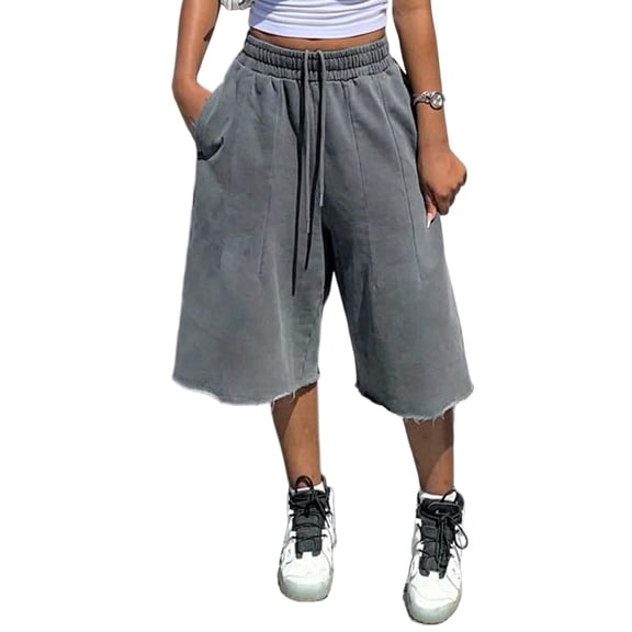 Resicozy Womens Wide Leg Sweat Bermuda Shorts Drawstring Elastic Waist Hem Casual Lounge Shorts with Pockets Gray M