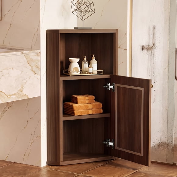OMCMUU Armoire Haute et Étroite avec Porte en Rotin et Tablette Ajustable, Noyer