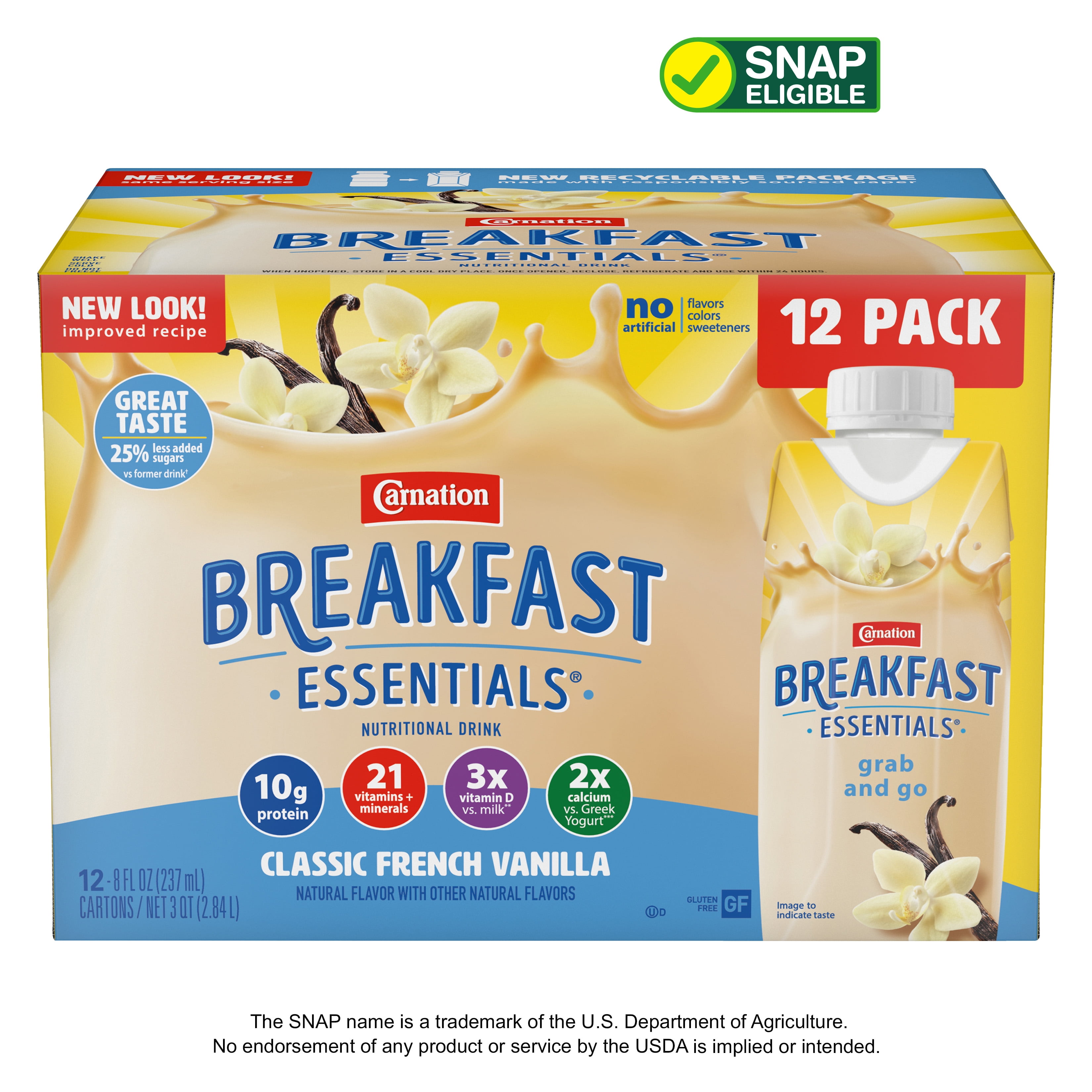 Carnation Breakfast Essentials Nutritional Drink, Classic French Vanilla, 10 g Protein, 12 - 8 fl oz Cartons