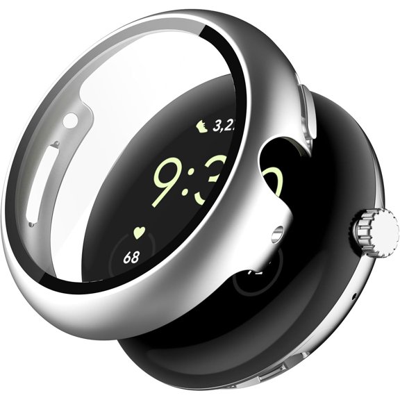KOMI Fit for Google Pixel Watch 2 Case Cover, Scratch-Resistant Full Coverage Hard PC Protective Case &Tempered Glass Screen Protector Bumper for Google Pixel Watch 2/Pixel Watch 2 (Silver)