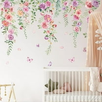 6 Pcs Flowers Wall Decals Stickers Vinyl Removable Peel and Stick Colorful Dragonflies Floral Wall Murals Decor for Bedroom Living Room Nursery(Pink Purple Flower)