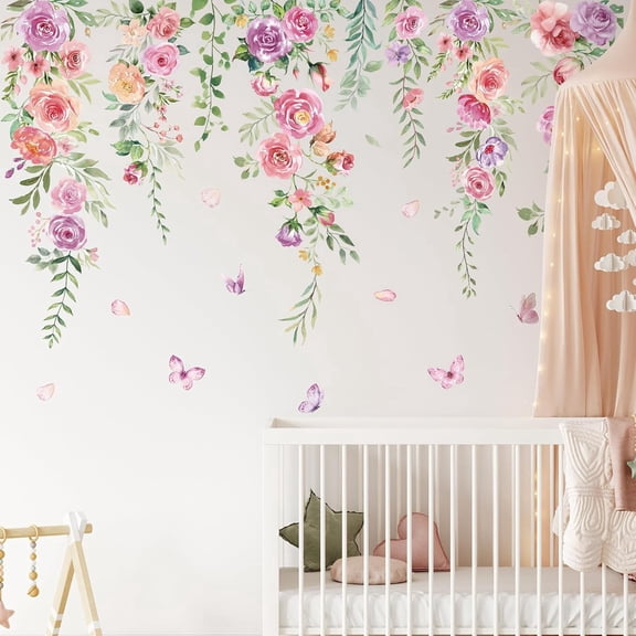 6 Pcs Flowers Wall Decals Stickers Vinyl Removable Peel and Stick Colorful Dragonflies Floral Wall Murals Decor for Bedroom Living Room Nursery(Pink Purple Flower)