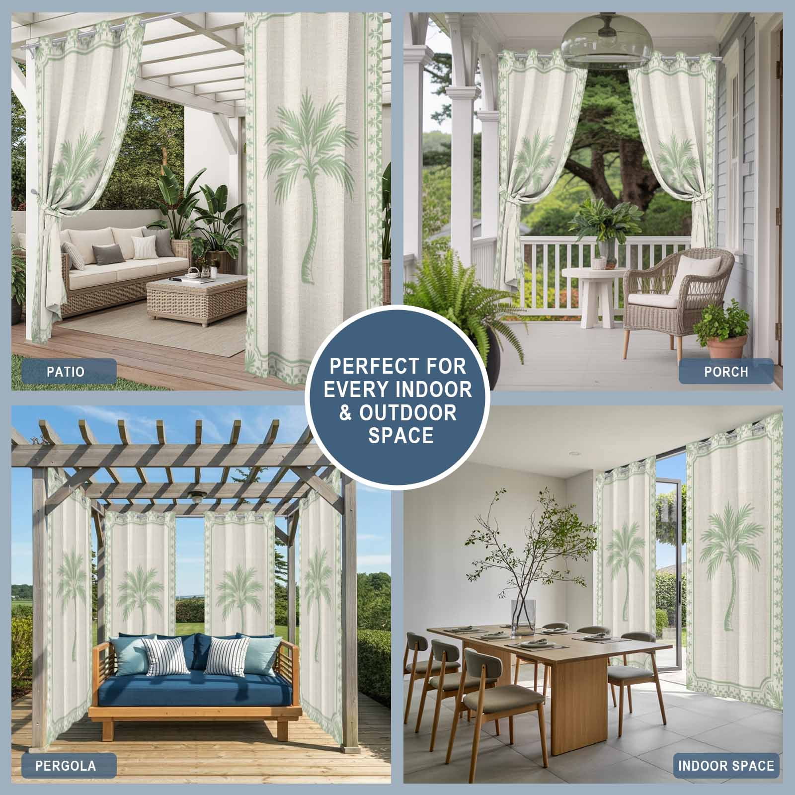 Palm Tree Outdoor Curtains for Patio, Coastal Tropical Green Palm Tree Border Linen Sunshade Privacy Drapes Grommet Waterproof Outside Curtains for Porch/Cabana/Balcony 54"x 108", 2 Panel