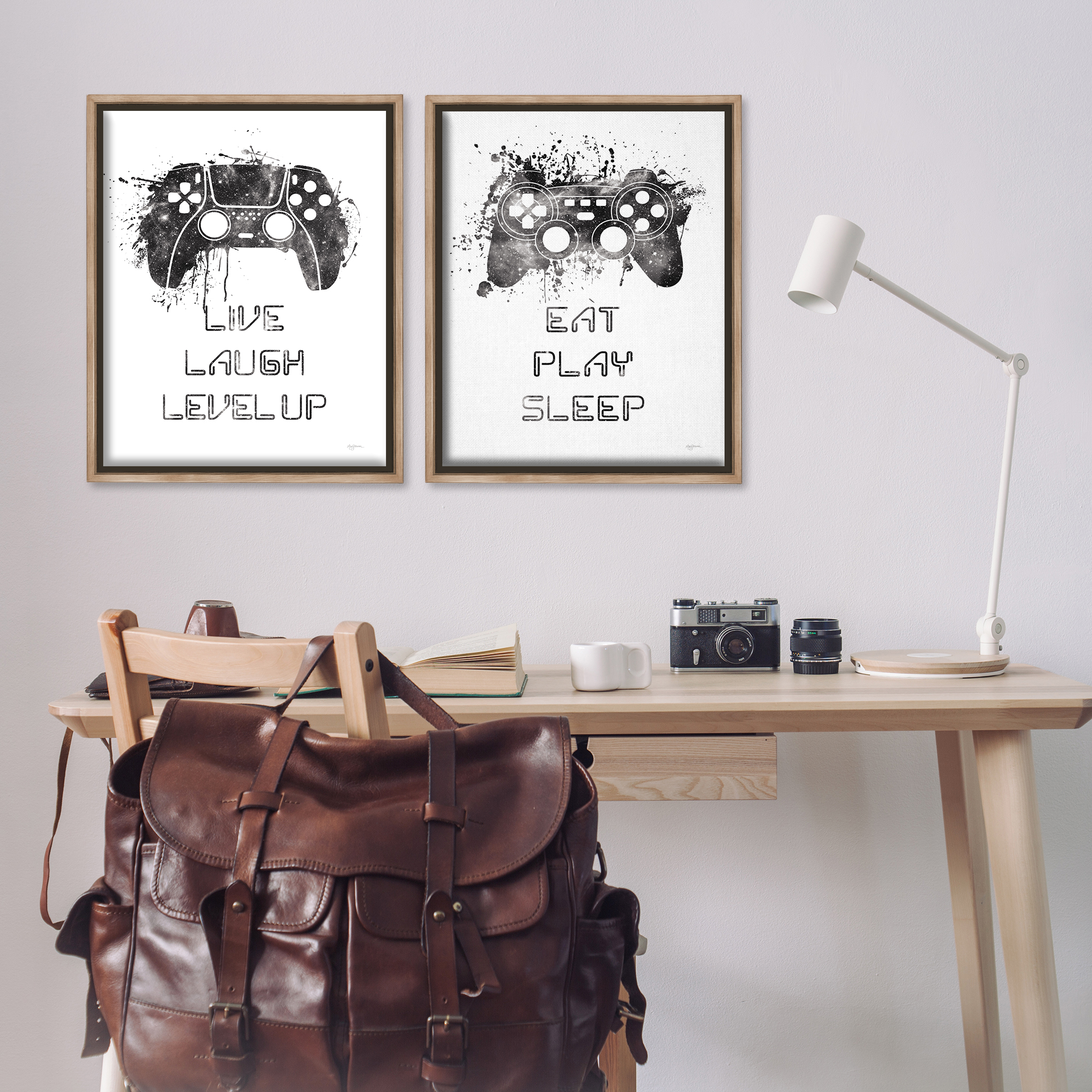 Stupell Industries Gamer Play Splash Controllers Text & Numbers Painting Brown Floater Framed Canvas Art Print Wall Art, 31 x 25, Set of 2