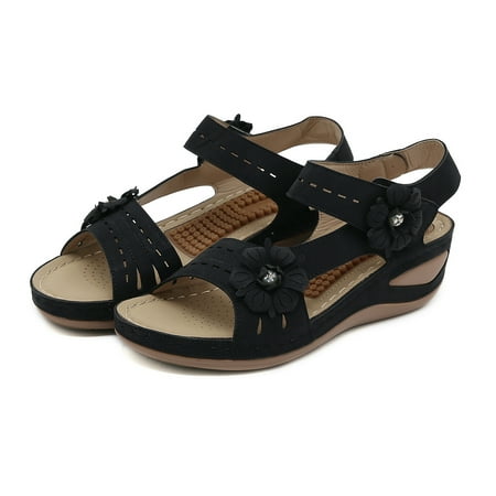 

Cathalem Women Summer Flowers Casual Open Toe Wedges Massage Soft Bottom Breathable Hook Loop Yoga Sling Sandals for Women Wide Black 7.5