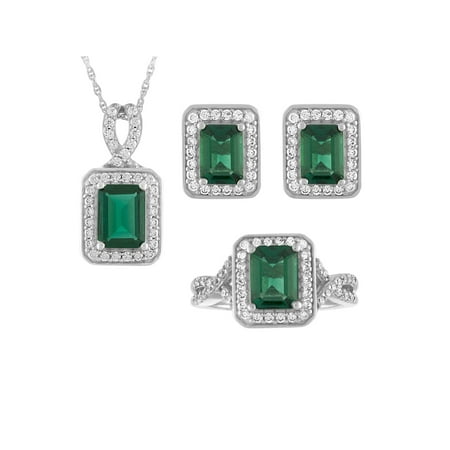 Emerald with CZ Accents Sterling Silver 3 Piece