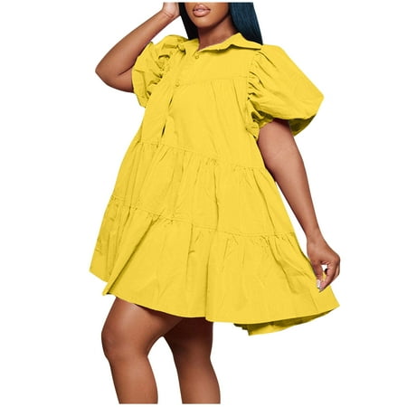 Usdian Graduation Dress Lapel Short Sleeve Casual Dresses Sun Dress Womens Summer Outfits Beach Dresses Trendy Solid for Women Yellow S Clearance Sales Today Deals Prime