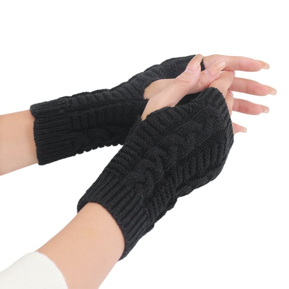 Women's Ribbed Wrist Arm Warmers Stretchy Cable Knitted Fingerless Gloves - Black