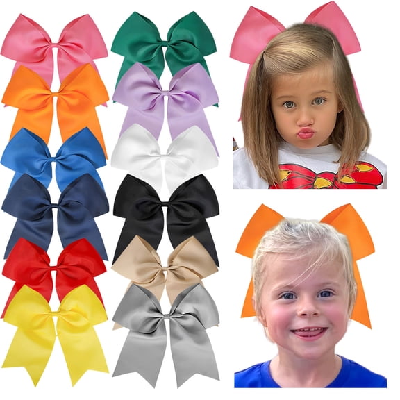 JoyBowie 12pcs 8in Multi-Color Large Satin Ribbon Hair Bows Clips