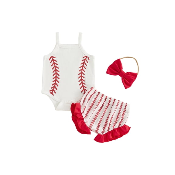 Baby Girl Summer Outfit Cute Baseball Print Sleeveless Romper Bodysuit Ruffle Bloomers Shorts Headband 3Pcs Set Game Day Clothes 0-18M