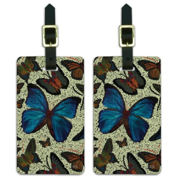 Butterflies Blue Exotic Pattern Luggage ID Tags Suitcase Carry-On Cards - Set of 2