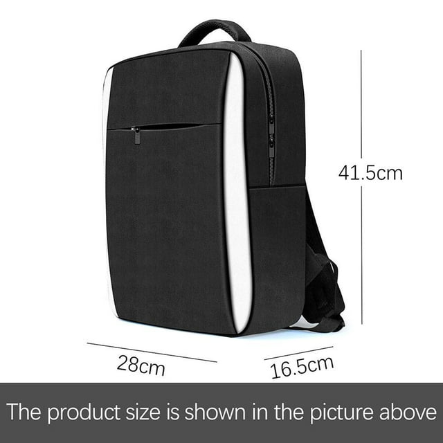 Carry Case compatible for PS5 game console, shown in black EVA material with dimensions of 41.5cm x 28cm x 16.5cm. Designed as a portable travel backpack and storage bag, it features anti-scratch, shockproof, semi-waterproof, and dustproof properties. Includes compartments for PS5 accessories such as controllers, camera, headset, power cord, and USB cables. Equipped with a USB connector for charging electronic devices.
