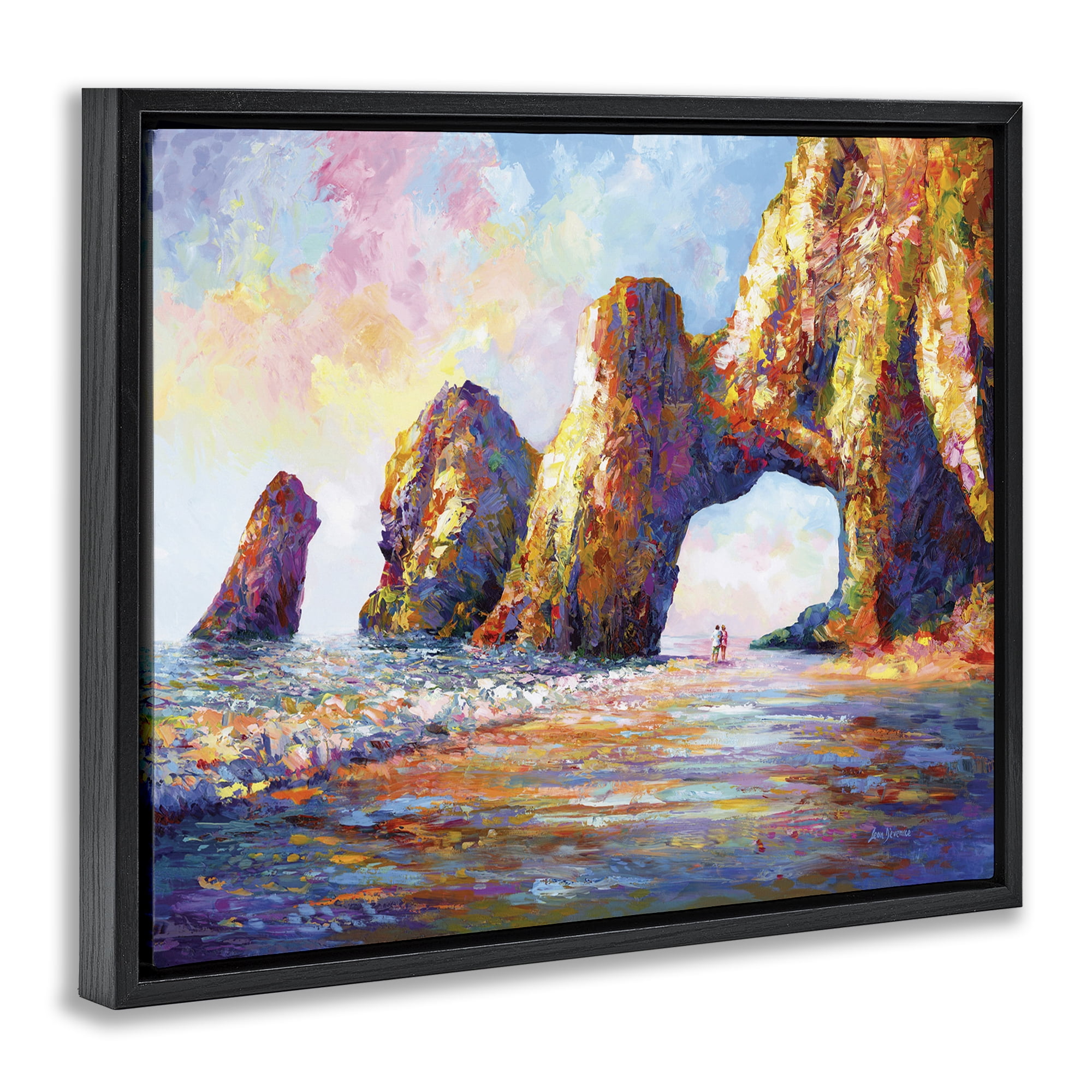 Stupell Industries Couple Strolling Beach Arch Landscape Painting Black Floater Framed Canvas Art Print Wall Art, 31 x 25