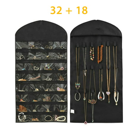 Closet Hanging Jewelry Organizer Necklace Storage Holder Travel Display Case Bag, Double Sided 32 Pockets and 18 Tape Hook Necklace Holder Jewelry Chain Organizer for Earrings Necklace Bracelet