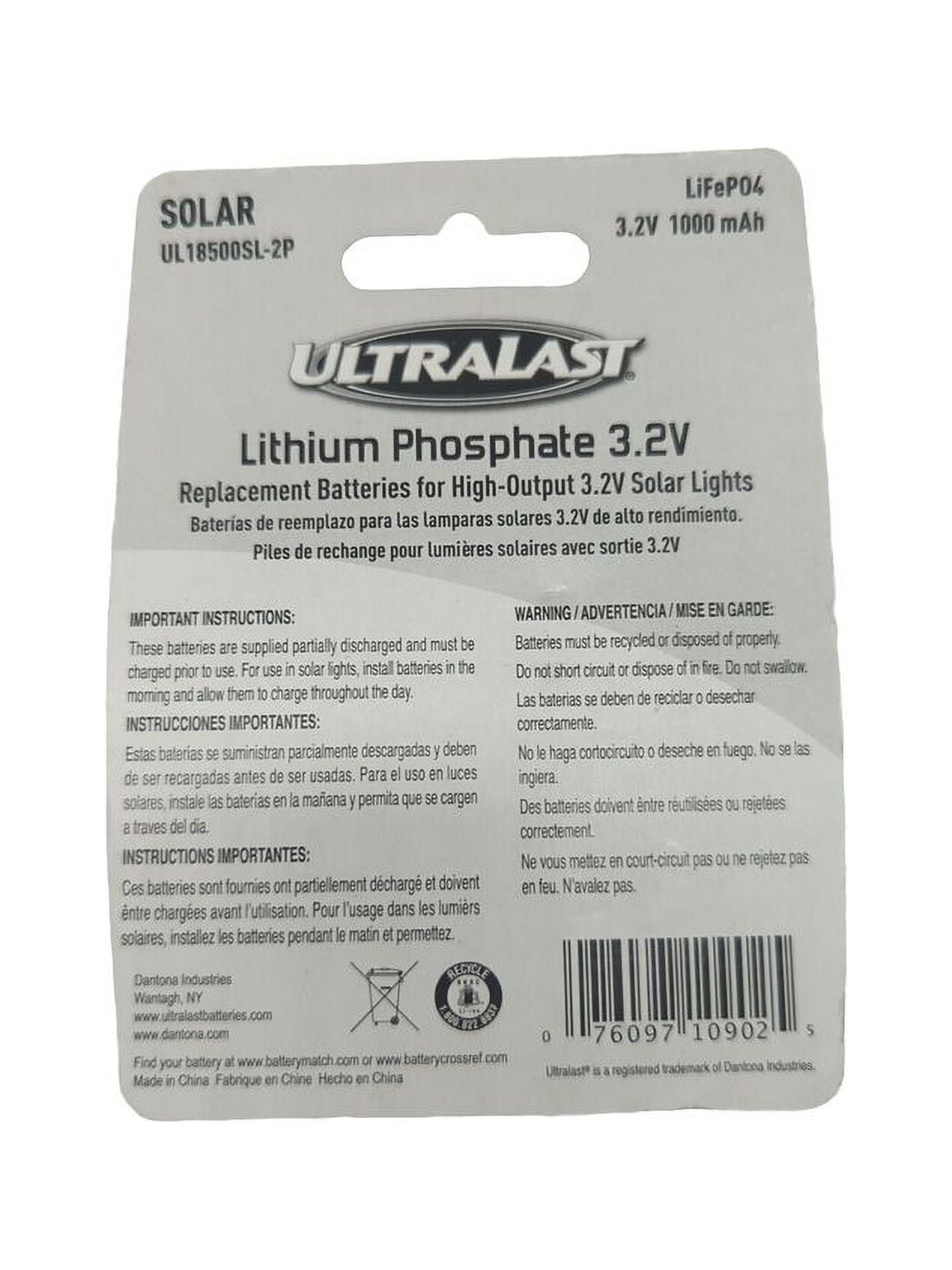 ULTRALAST High-Capacity 18500 LiFePO4 Batteries, 3.2V 1000mAh, 4-Pack for Solar Lights