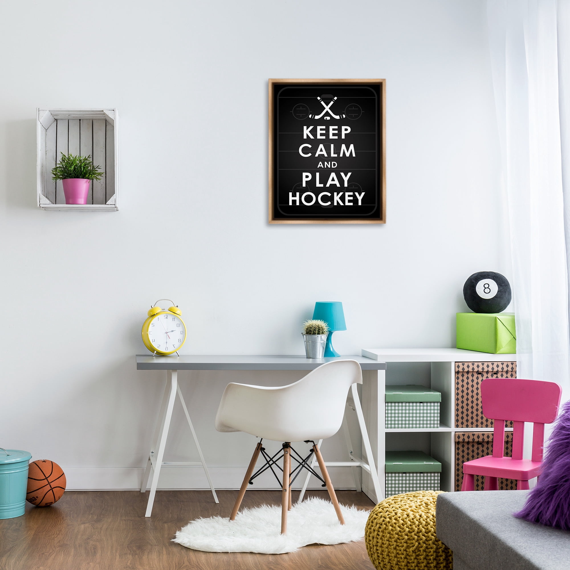 Stupell Industries Keep Calm & Play Hockey Sports Painting Brown Floater Framed Canvas Art Print Wall Art, 25 x 31