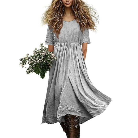 Women's Fashionable Cotton And Linen Solid-color Dress Round-neck Half-sleeve Casual Loose A-Line Flowy Long Dress