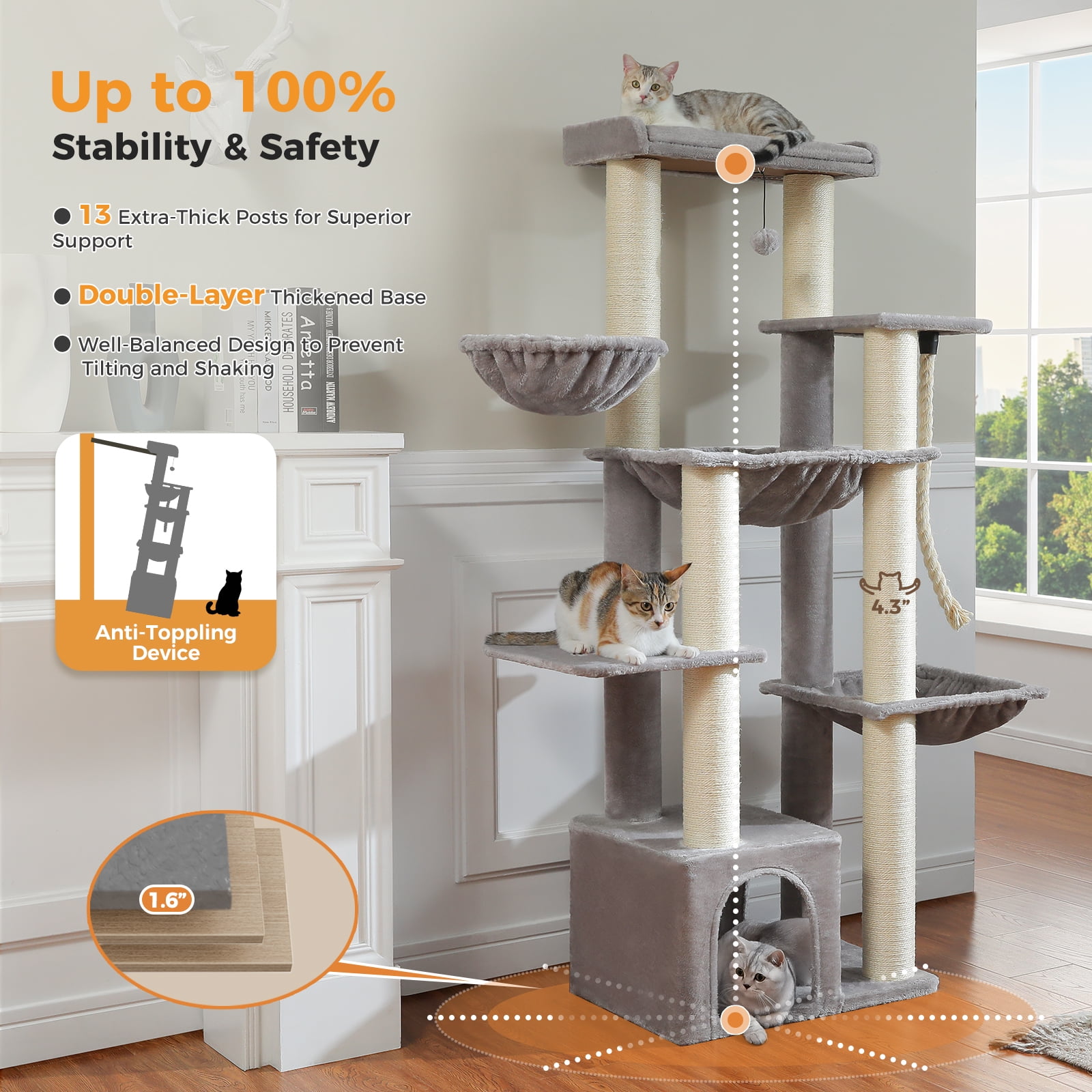 PEQULTI 67" Maine Coon Cat Tree Large Cat Tower for Indoor Cats with 8 Thick Scratching Post Gray