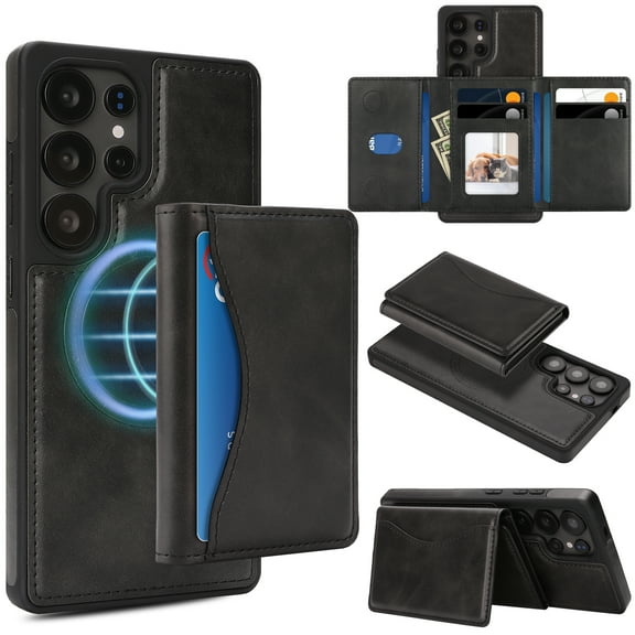 2-in-1 Wallet Case for Samsung Galaxy S25 Ultra, RFID Blocking PU Leather with Magnetic Detachable 9 Card & Cash Slots, Kickstand Shockproof Protective Classic Slim Cover for Women & Men, Black