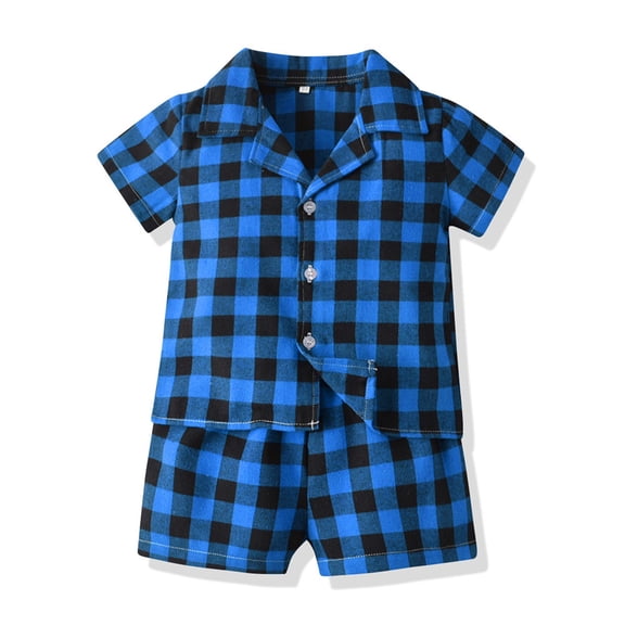 Conairie Outfit Sets for Girl Plaid Print Short Sleeve Button Collar Top and Shorts Pj Set Kids Soft Nightwear 2 Piece Outfits Loungewear Sets Blue 2-3 Y