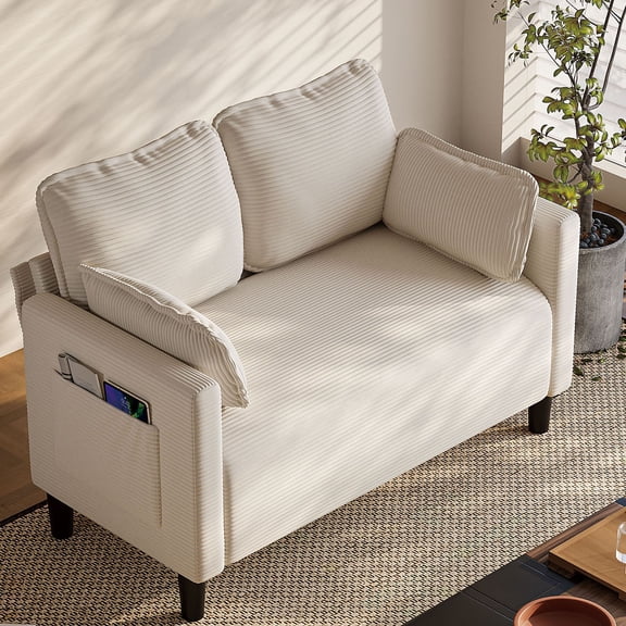 S-HOME 48 Inch Corduroy Loveseat Couch With Side Storage Pocket For Living Room Apartment Office Or Dorm , Beige