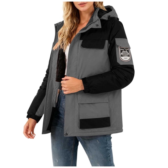 Boutons Contrastants à Fermeture Éclair pour Femmes, Poches Col Montant, Manches Longues à Capuche, Parka Mode Décontractée