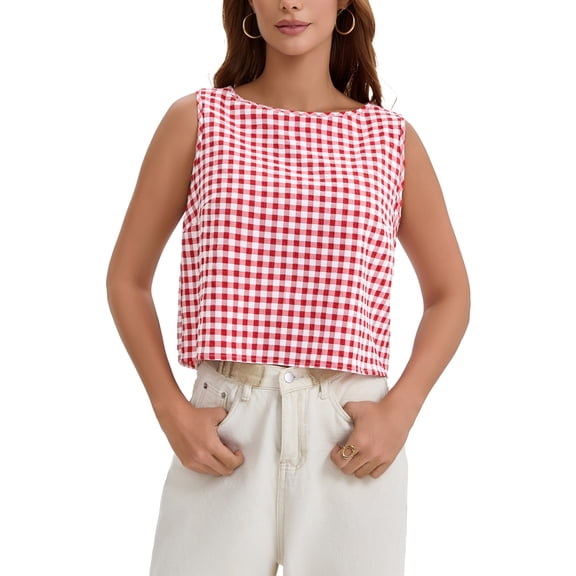 INSPIRE CHIC Womens Summer Cropped Tank Tops Gingham Top Button Back Casual Sleeveless Blouses Shirts S Red