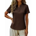 thumbnail image 2 of Henley Shirts for Women Contrast Stitching Short Sleeve Blouse Button Down Stand Collar Tunic Tops Brown XXL, 2 of 6