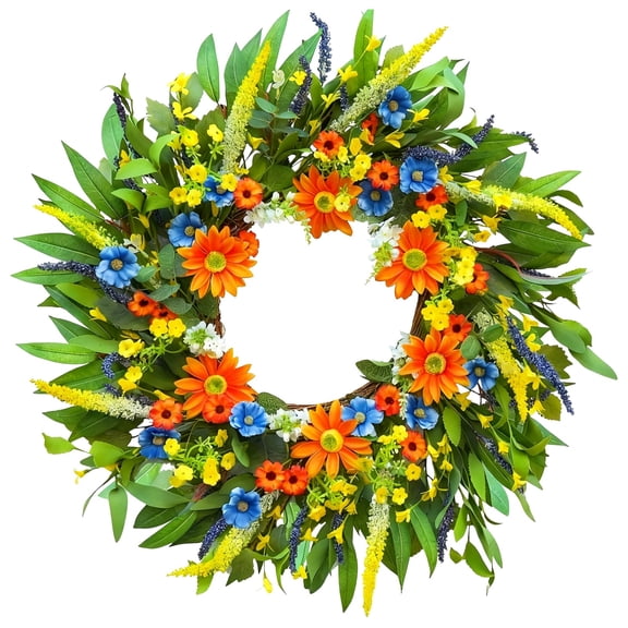 17.7 in / 45 cm Spring Wreath for Front Door, Outdoor Wreaths with Orange Yellow Daisies, Farmhouse Decor, Door Hanging Wreath for Spring and Summer, Artificial Floral Wreath