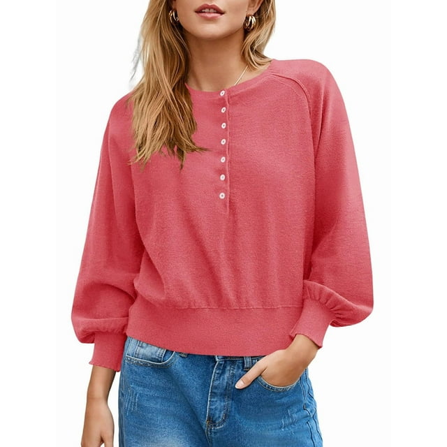 Women'S Button Crew Neck Sweater Fall Long Sleeve Henley Shirts Trendy Loose Knit Pullover Tops Red XL