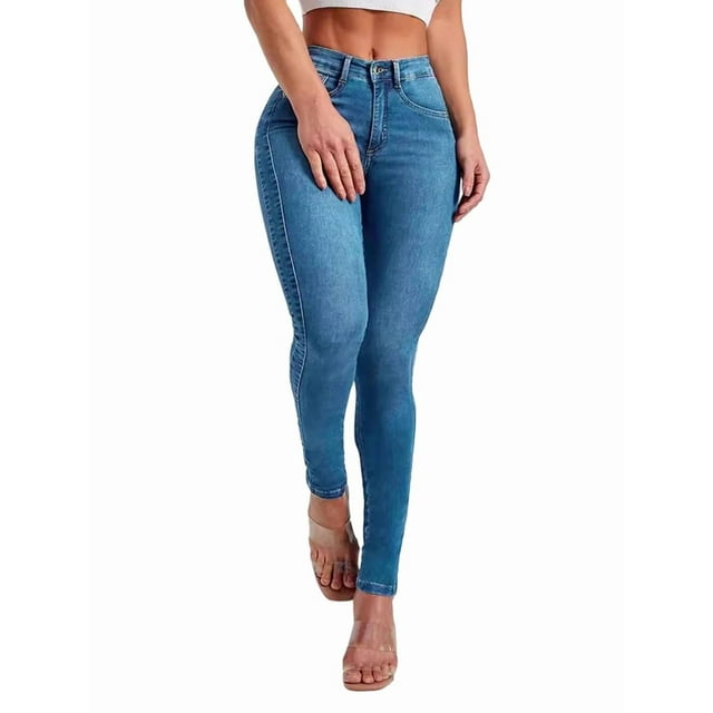 Vaqueros de Cintura Alta para Mujer, Elásticos, Ajustados, con Bolsillos, Mezcla de Algodón Suave y Transpirable Azul Vaquero L