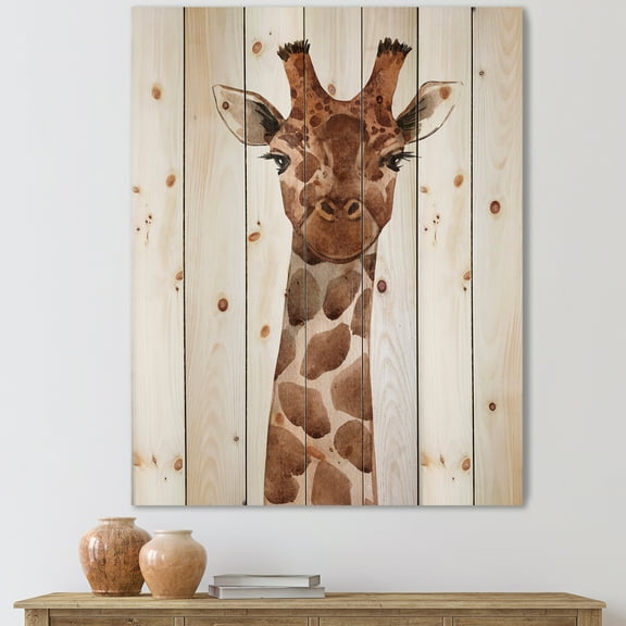 Designart 'Close Up Portrait of A Giraffe XI' Farmhouse Print on Natural Pine Wood