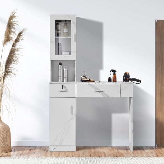 KDTHTF Wall Mounted Salon Station, Barber Storage Cabinet with 3 Heat Tool Sleeves, Lockable Drawer & Glass Door, Marble White Hairdressing Tool Organizer for Salon or Home