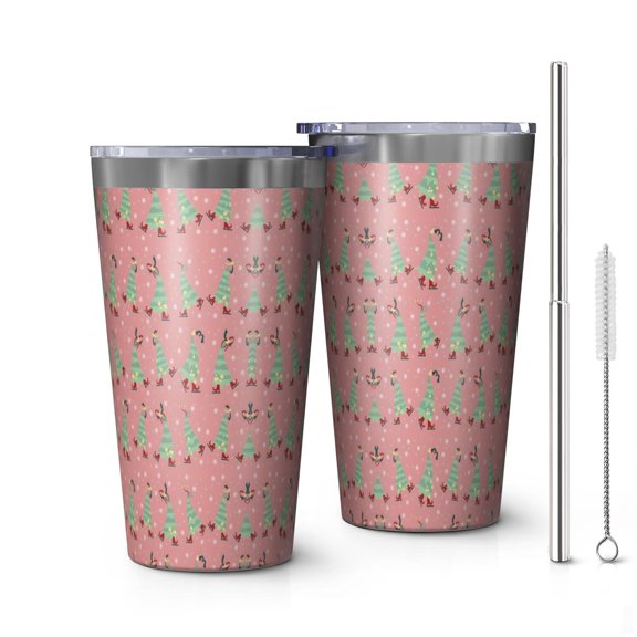 16oz Tumblers Pink Christmas Tree Pattern Stainless Steel Vacuum Insulated Double Wall Travel Tumbler Cups Mug with Lid and Straw,Cleaning Brush for Coffee,Tea