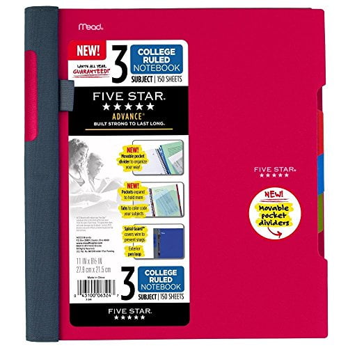 6 Pack Five Star Advance Spiral Notebook-Standard Size Assorted Colors 3-Subject 150 College-Ruled Sheets 11 x 8.5 Inch Sheet Size